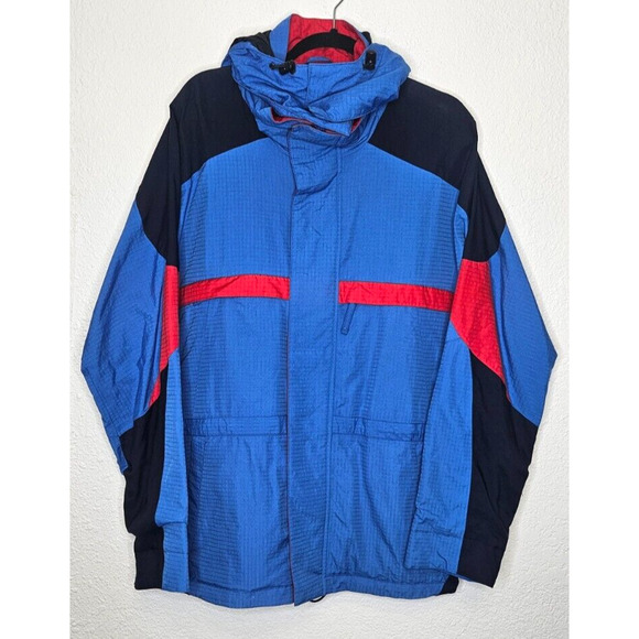 Vintage Lands End Mens Windbreaker Jacket Large Blue Hooded Full Zip Outdoors - Picture 1 of 13